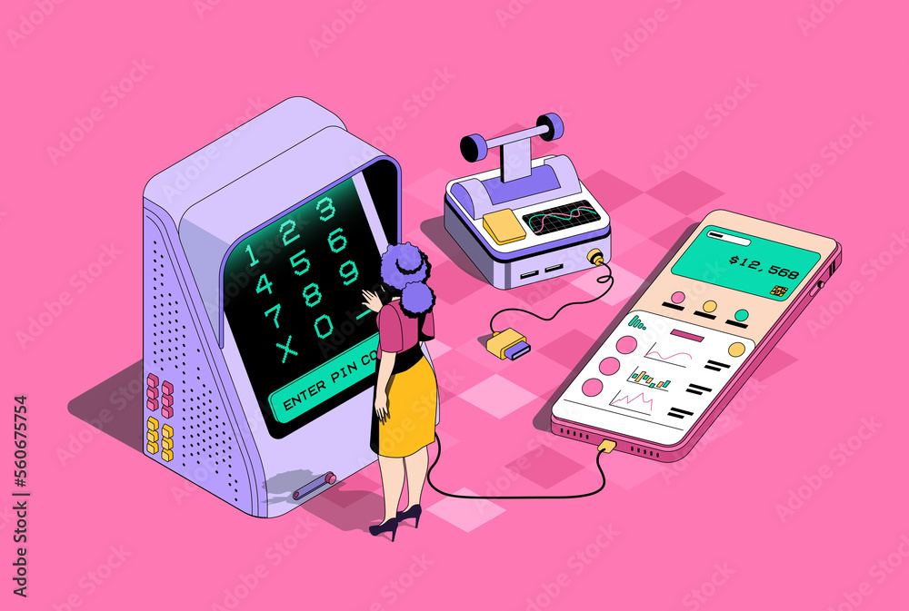 Poster mobile banking concept in 3d isometric design. woman manage personal finances, making money transfer