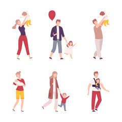 Parents and kids walking together set. Happy mom and dad having good time with their children flat vector illustration
