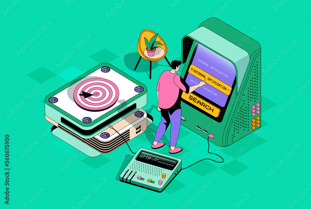Wall mural seo optimization concept in 3d isometric design. man analyzing data and keywords, settings and optim