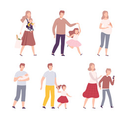 Parents and kids walking together set. Happy mom, dad and kids having good time flat vector illustration
