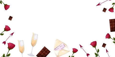 Valentine's Day. Background on white with roses, arrows, chocolate. Banner template, postcard, web. Vector illustration