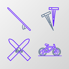 Set line Bicycle, Ski and sticks, Pegs for tents and Surfboard icon. Vector