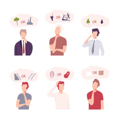 People making choice between bad and good habits set. Healthy lifestyle and sportive way of life flat vector illustration