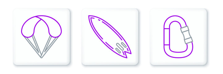 Set line Carabiner, Parachute and Surfboard icon. Vector