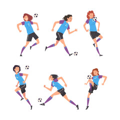 Fototapeta na wymiar Set of girls in uniform playing soccer or football. Teenage girls soccer players running and kicking ball cartoon vector illustration