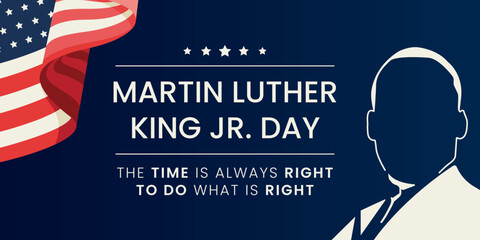 Text Martin Luther King Day on the background of black man and usa flag. Vector illustration. - obrazy, fototapety, plakaty