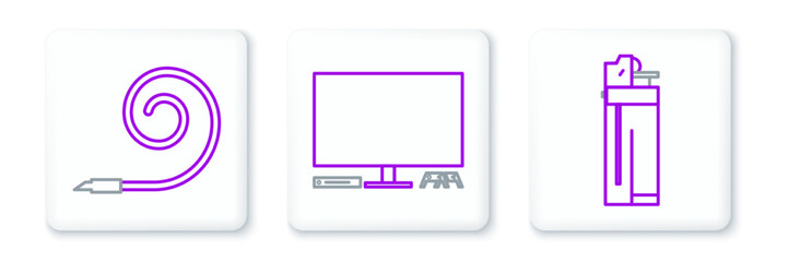 Set line Lighter, Birthday party horn and Video game console icon. Vector