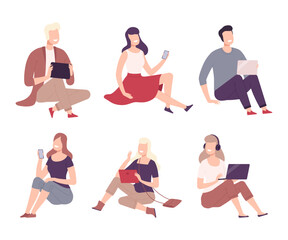 People sitting on floor using digital devices set flat vector illustration
