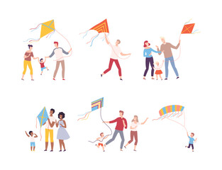 Set of families playing kites outdoors set. Happy joyful mom, dad and kids having good time together flat vector illustration