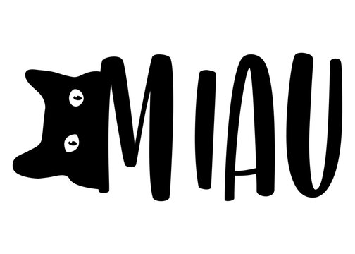Logo pet friendly. Letras de la palabra miau en espa&ntilde;ol con silueta de cabeza de gato mirando. Texto manuscrito miau