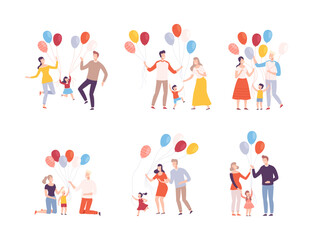 Happy parents and kids holding inflatable colorful balloons set. Families celebrating holidays flat vector illustration