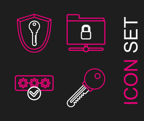 Set line Key, Password protection and safety access, FTP folder lock and Shield with key icon. Vector