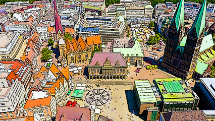 Bremen, Germany. Market Square (Bremer Marktplatz), Bremen Cathedral. Bright cartoon style illustration. Aerial view - obrazy, fototapety, plakaty