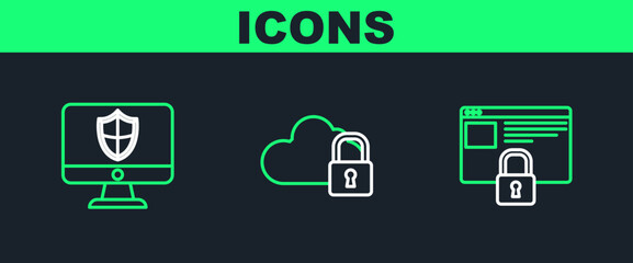 Set line Secure your site with HTTPS, SSL, Computer monitor and shield and Cloud computing lock icon. Vector