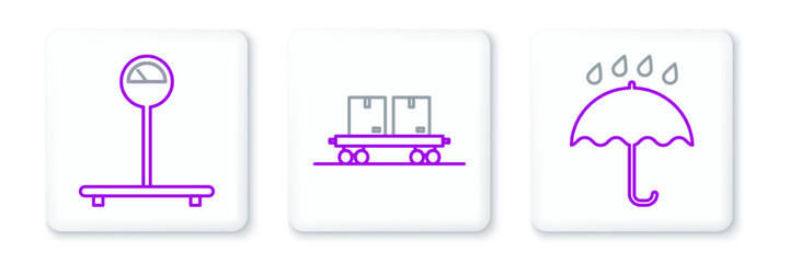 Set line Umbrella and rain drops, Scale and Railway carriage icon. Vector