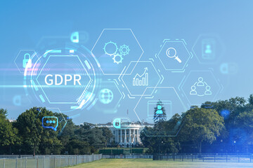 The White House on sunny day, Washington DC, USA. Executive branch. President administration GDPR hologram, concept of data protection regulation and privacy for all individuals