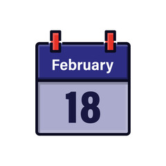 February 18, Calendar icon. Day, month. Meeting appointment time. Event schedule date. Flat vector illustration.