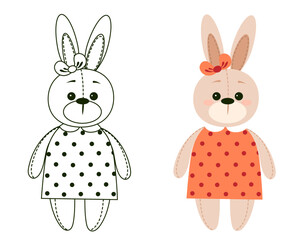 Vector hand-drawn illustration of a cute stuffed rabbit in clothes. Gift toy for Valentine's day, birthday, Christmas, holiday. Doodle.