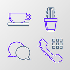 Set line Telephone handset, Speech bubble chat, Cactus succulent in pot and Coffee cup flat icon. Vector