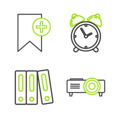 Set line Presentation, movie, film, media projector, Office folders with papers and documents, Alarm clock and Bookmark icon. Vector