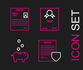 Set line Contract with shield, Piggy bank coin, Certificate template and Personal document icon. Vector