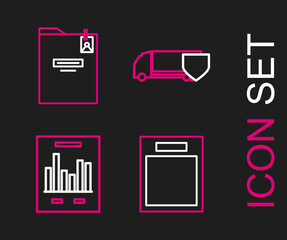 Set line Empty form, Document with graph chart, Delivery cargo truck shield and Personal folder icon. Vector