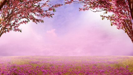 Fototapeta na wymiar Beautiful landscape with flowers.Blooming wild cherry trees. Spring background.
