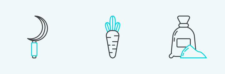 Set line Bag of flour, Sickle and Carrot icon. Vector