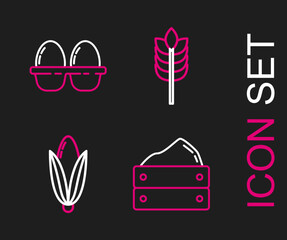 Set line Wooden box with harvest, Corn, Cereals rice, wheat, corn, oats, rye and Chicken egg in icon. Vector