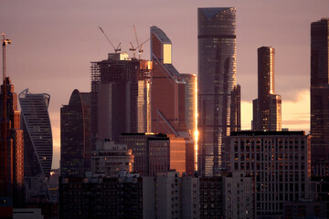 Moscow, Russia - February 18, 2022: Moscow International Business Center, Moscow City. Close-up...