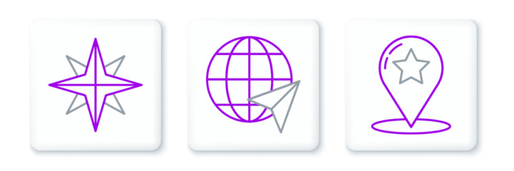 Set line Map pointer with star, Wind rose and Location on the globe icon. Vector