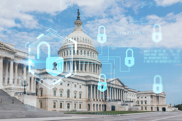 Fototapeta na wymiar Capitol dome building exterior, Washington DC, USA. Home of Congress and Capitol Hill. American political system. The concept of cyber security to protect confidential information, padlock hologram