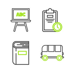 Set line School Bus, Book, Exam sheet with clock and Chalkboard icon. Vector