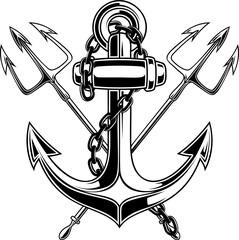 Illustration of sea anchor with crossed tridents. Design element for logo, sign, emblem. Vector illustration - obrazy, fototapety, plakaty