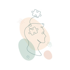 Mental health problem, psychology and business education concept. Vector one line art illustration. Human head profile with jigsaw puzzle by continous line on color splash background.
