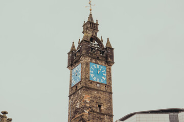 Glasgow Scotland; November 2022: Clock tower at Glasgow Cross, at the junction of High Street and Argyle Street, Glasgow, Scotland