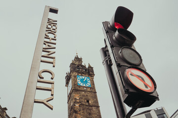 Glasgow Scotland; November 2022: Clock tower at Glasgow Cross, at the junction of High Street and Argyle Street, Glasgow, Scotland