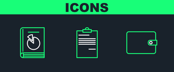 Set line Wallet, User manual and Document icon. Vector