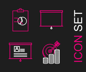 Set line Target with coin symbol, Board resume, Chalkboard and Clipboard graph chart icon. Vector