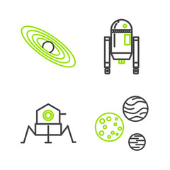 Set line Planet, Mars rover, Robot and icon. Vector