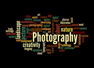 Word Cloud with PHOTOGRAPHY concept, isolated on a black background