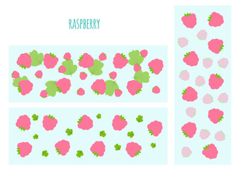 Pattern of pink simple raspberries with green leaves on a blue background