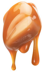 Caramel candy and drops of milk caramel sauce flowing down from it. File contains clipping path.