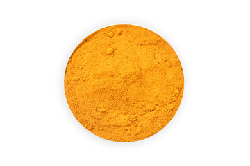 Turmeric (Curcuma) powder pile isolated on white background, Flat lay (top view) of curcumin powder.