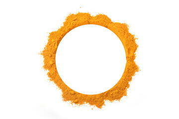 Dry turmeric powder pile arranged in round blank frame and border circle isolated on white background, top view. Curcuma Powder.