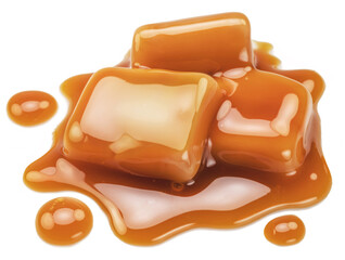 Caramel candies in milk caramel sauce isolated on white background.