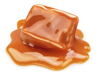 Caramel candy in milk caramel sauce isolated on white background.