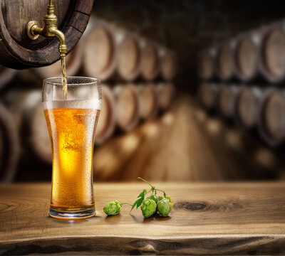 Pouring beer into a glass from wooden barrel. Blurred brewery cellar at the background.