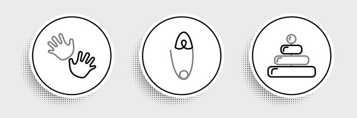 Set line Pyramid toy, Baby hands print and Classic steel safety pin icon. Vector