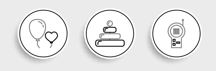 Set line Baby Monitor Walkie Talkie, Balloons in form of heart and Pyramid toy icon. Vector